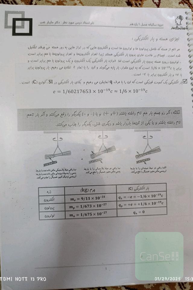 جزوه فصل 1 فیزیک یازدهم استاد غنی
